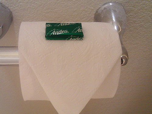 Andes mint on a roll of toilet paper