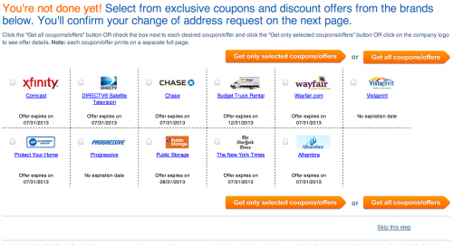 Lowbrow marketing page with words like 'exclusive coupons' and very large buttons for opting in, with only a small 'Skip this step' link that allows the user to continue to the confirmation page for a change of address.