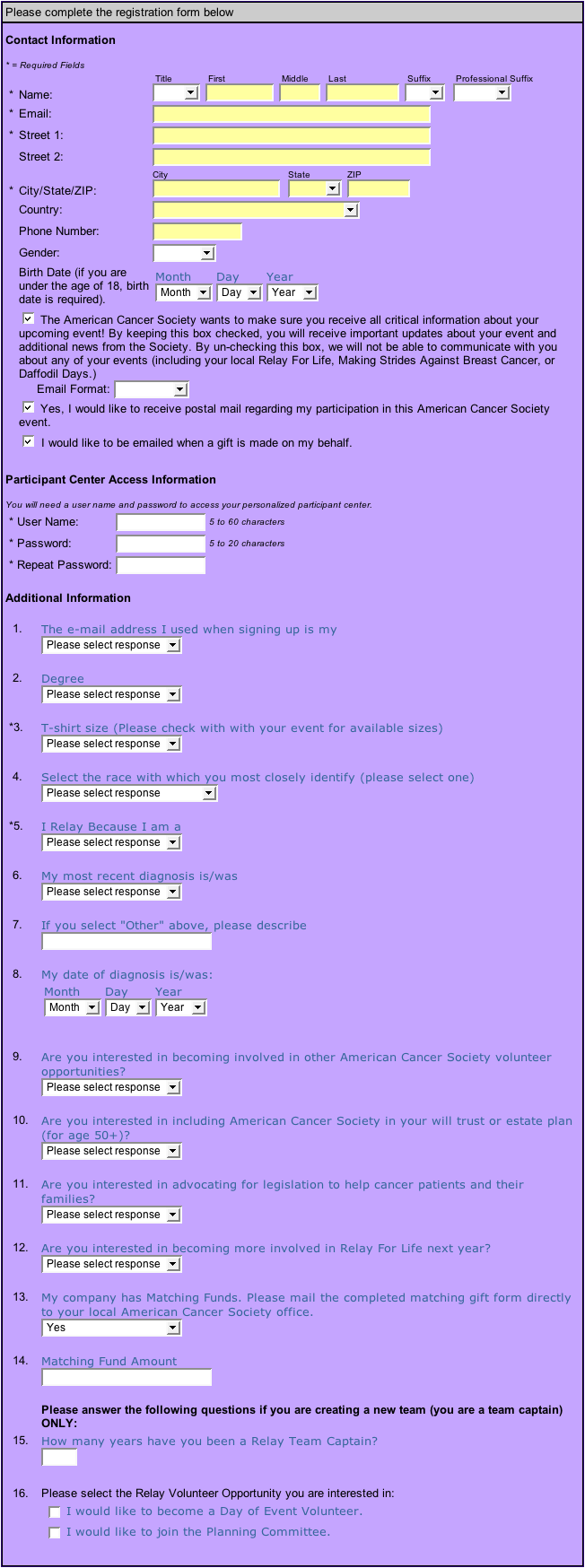 Long registration form