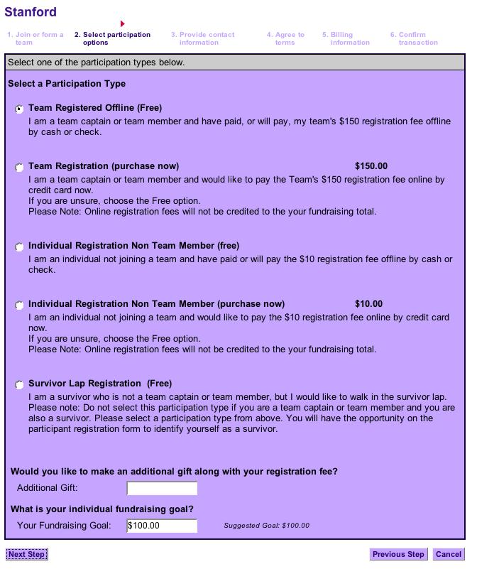 Form for choosing participant type