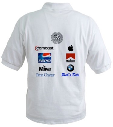 Back of a polo shirt with school logo on top, followed by corporate logos including Marlboro. Also includes the logo of Penn Charter.