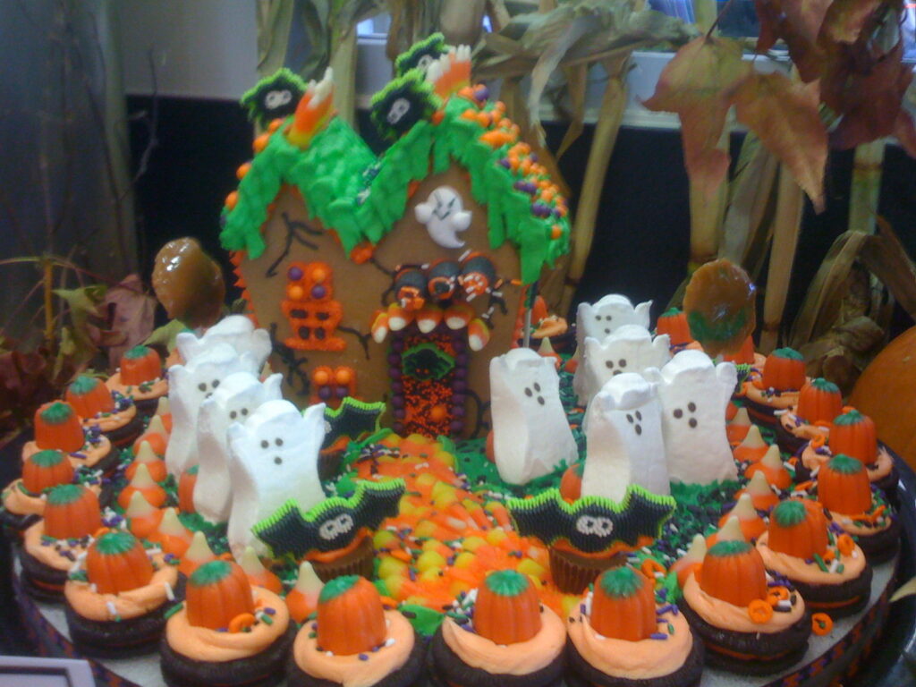 Halloween-themed scene made out of food