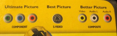 packaging showing component connections as 'ultimate picture,' s-video as 'best picture, and composite as 'better picture.'