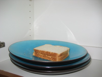 sandwich on a plate in a cabinet