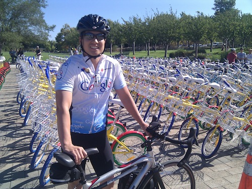 Reid in front of a lot of bikes.
