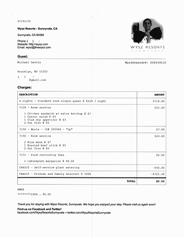 Fake hotel invoice for Wysz Resorts