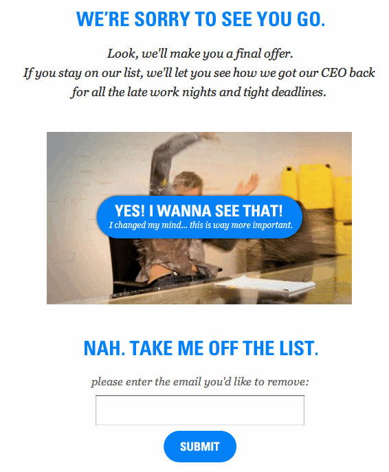 Page offering the user the choice between watching a fun video or unsubscribing.