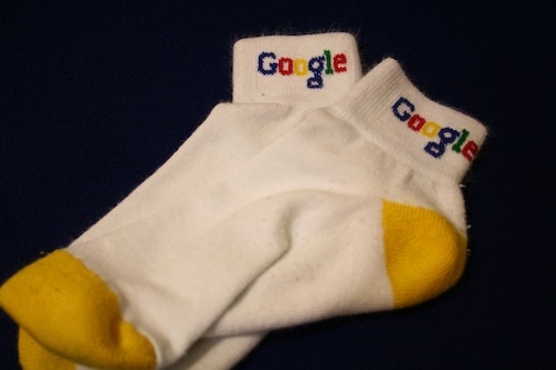 socks with Google logo and yellow toe and heel