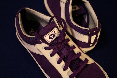 purple shoes with the Yahoo! logo