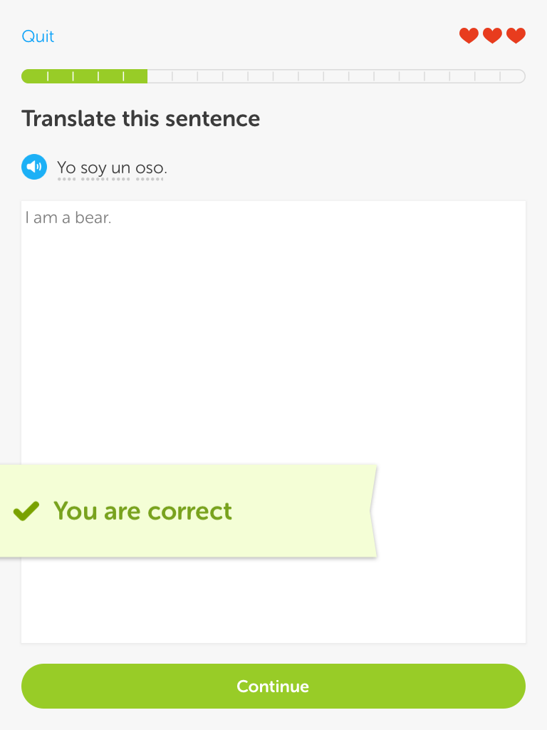 Duolingo screenshot: Yo soy un oso. I am a bear. You are correct.