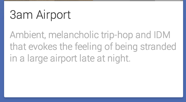 3am Airport. Ambient, melancholic trip-hop and IDM that evokes the feeling of being stranded in a large airport late at night.